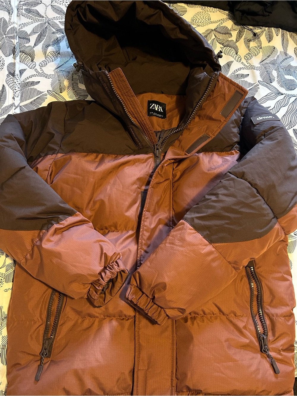 ZARA Men's Two-Tone Brown Rust Puffer Jacket with Hood